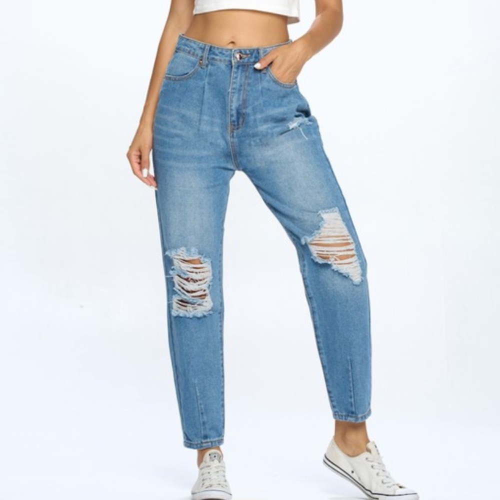 Distressed Medium Wash Mom Jeans